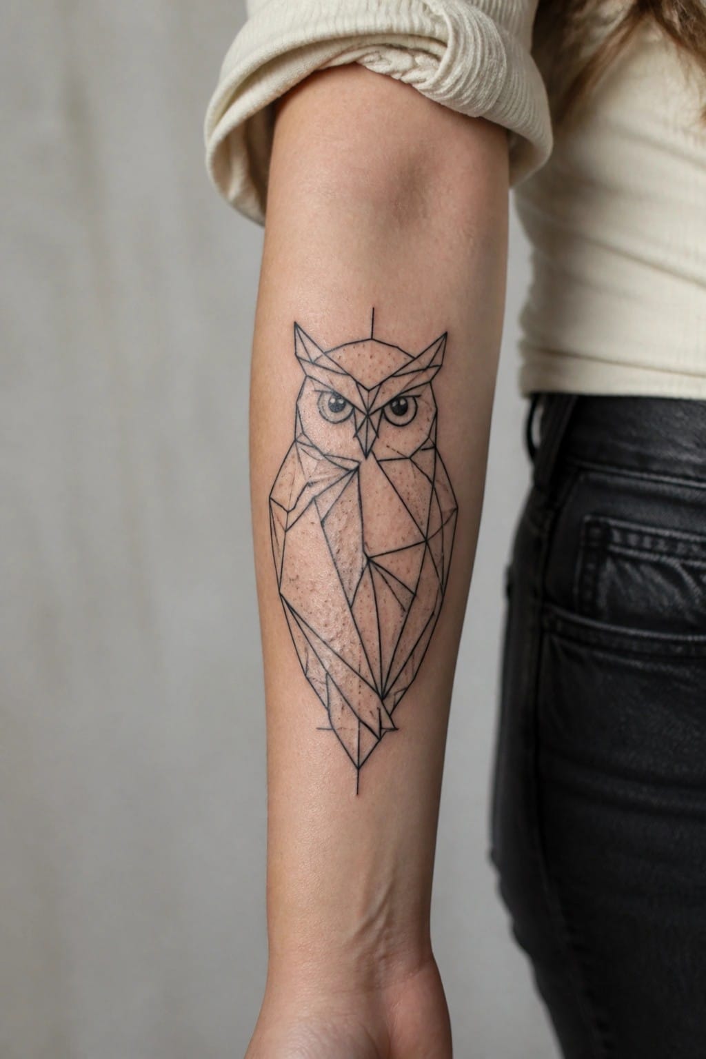 Geometric owl tattoo on forearm below rolled cream sweater sleeve