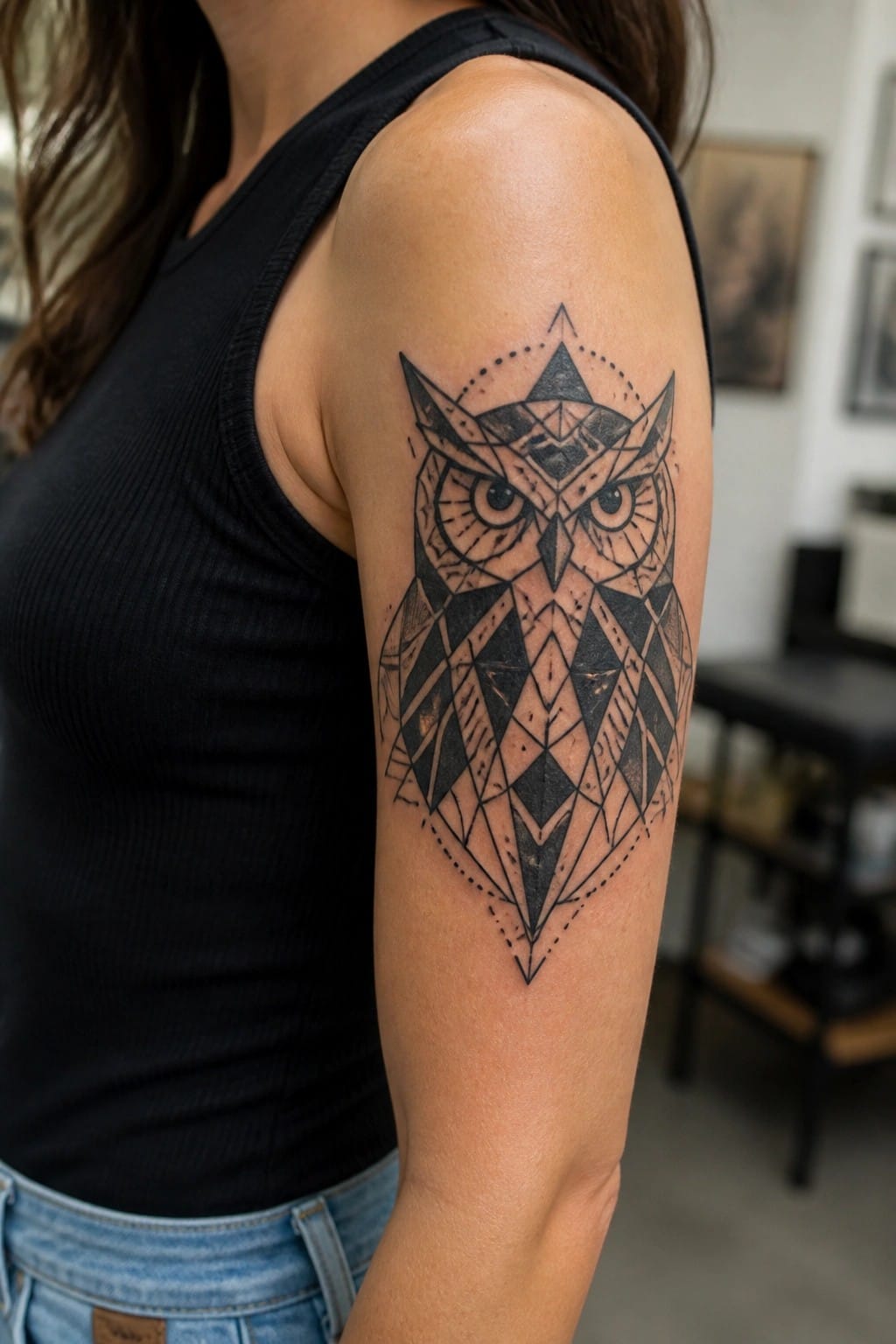 Geometric owl tattoo on a woman's upper arm showing triangular patterns and bold lines.