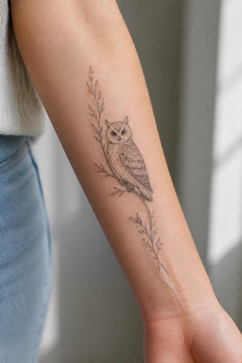Owl tattoo on forearm with leafy branch, wearing blue jeans and white sweater