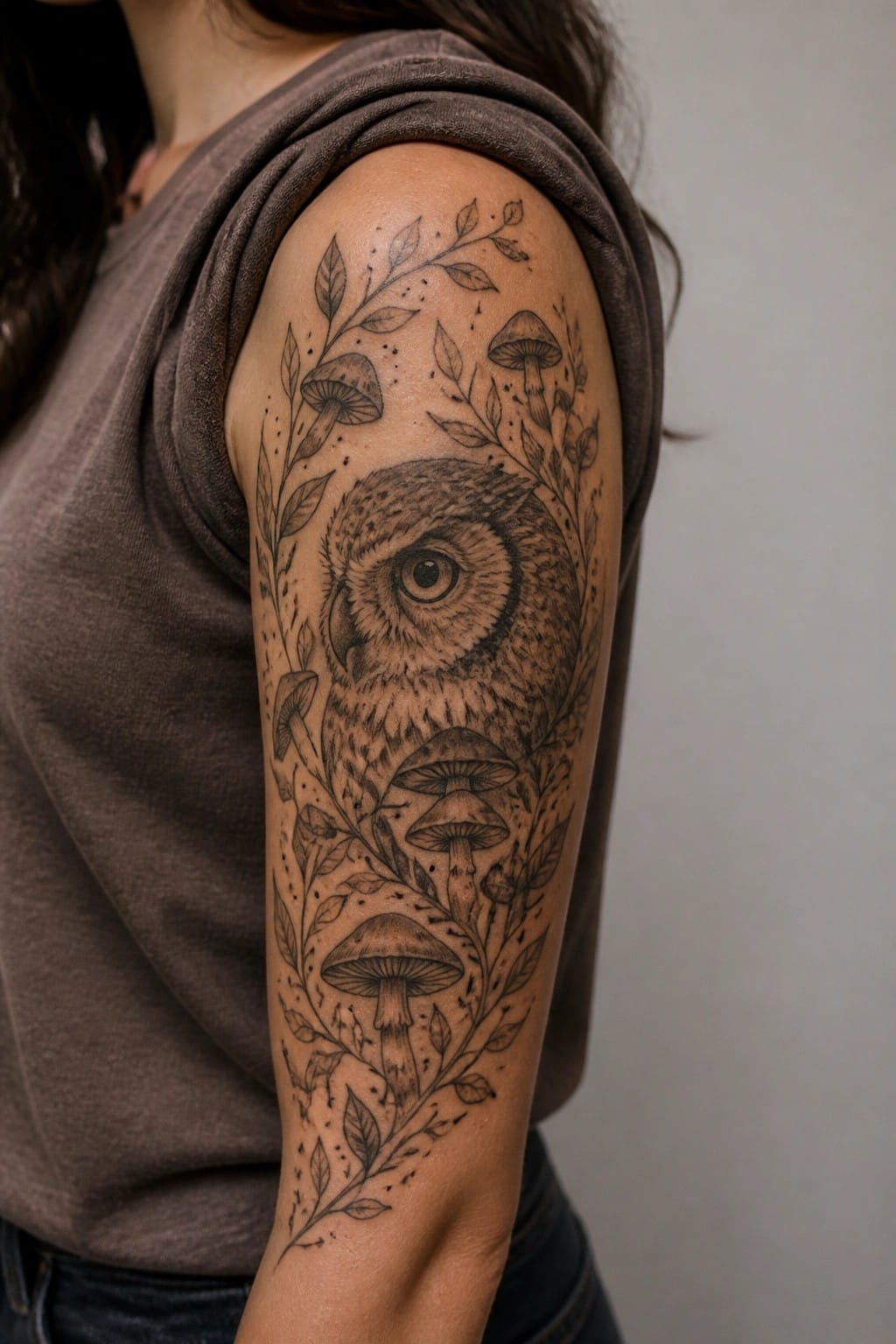 Owl tattoo with mushrooms and leaves on upper arm in brown sleeveless top.