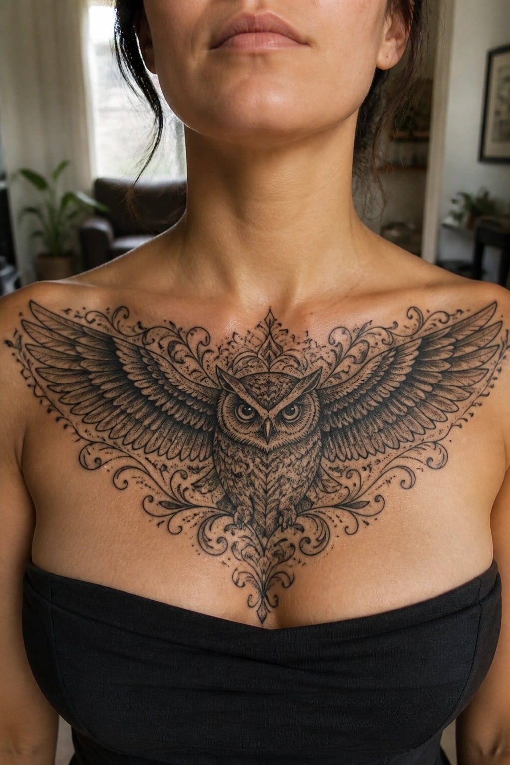 Large black and grey owl tattoo with spread wings across a woman's upper chest and collarbones