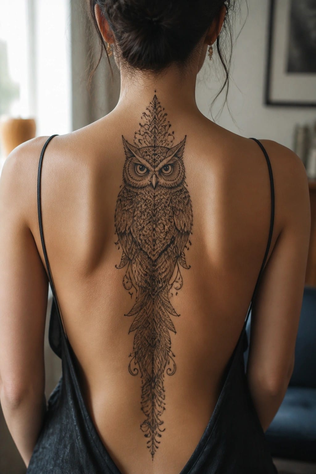 Woman's back with large intricate owl tattoo in black strappy top