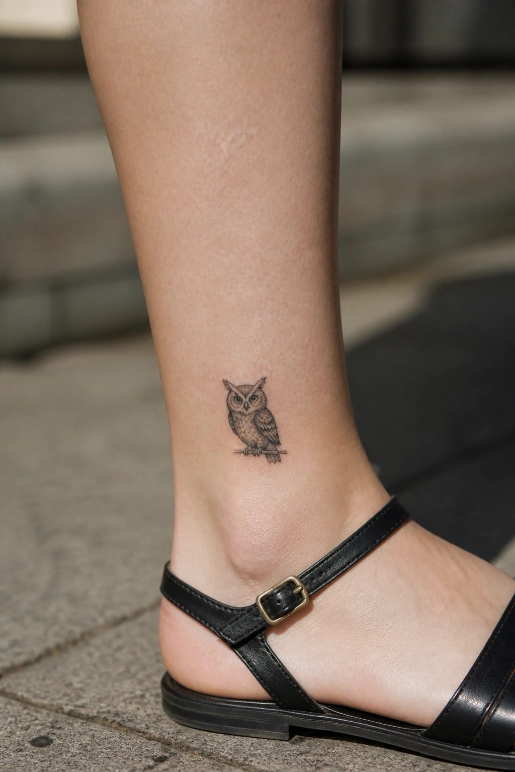 Owl tattoo on ankle above black leather sandal with gold buckle