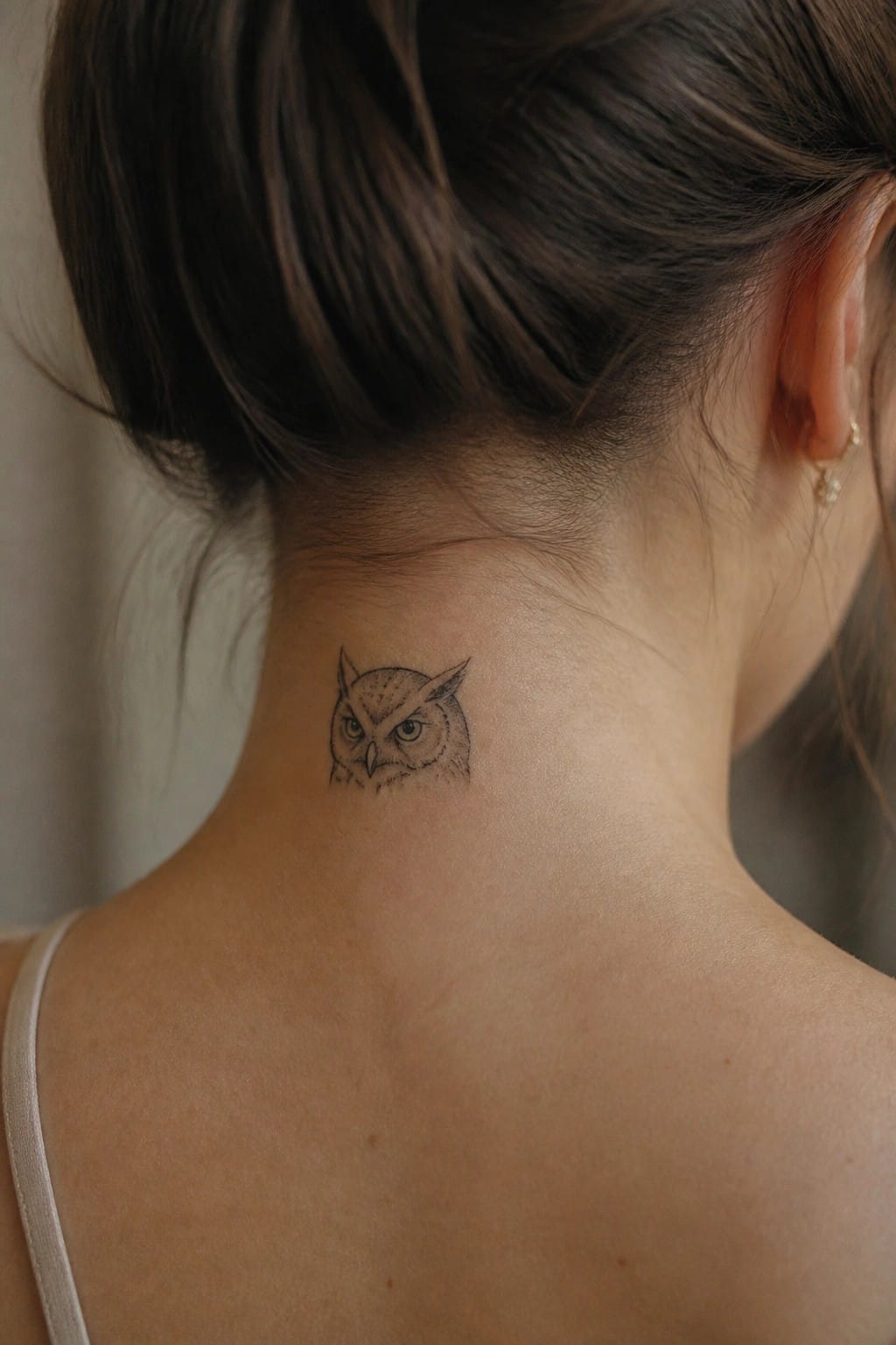 Small fine line owl tattoo on the back of a woman's neck with hair in a bun