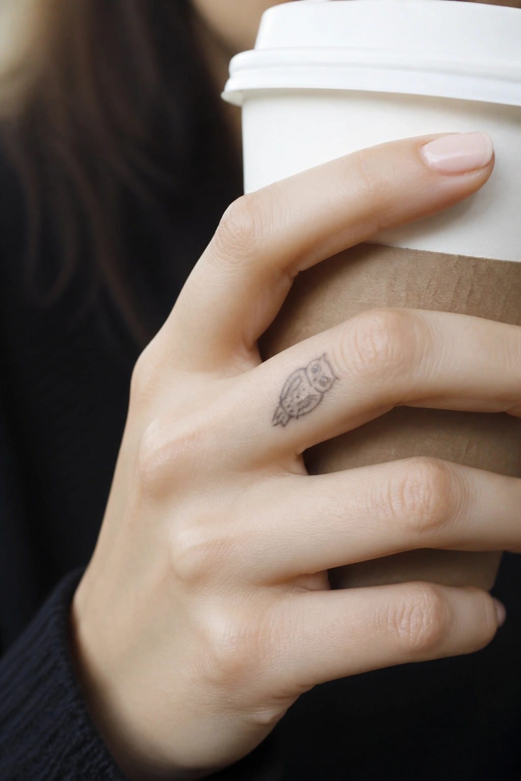 Small minimalist owl tattoo on the side of a finger