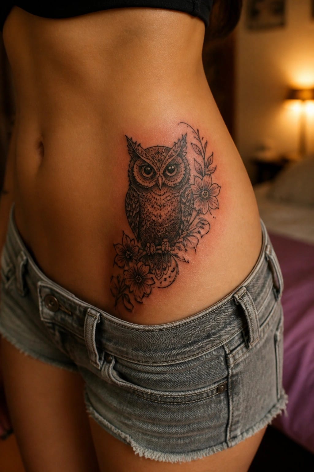 Detailed owl tattoo with flowers on hip above low-rise denim shorts.