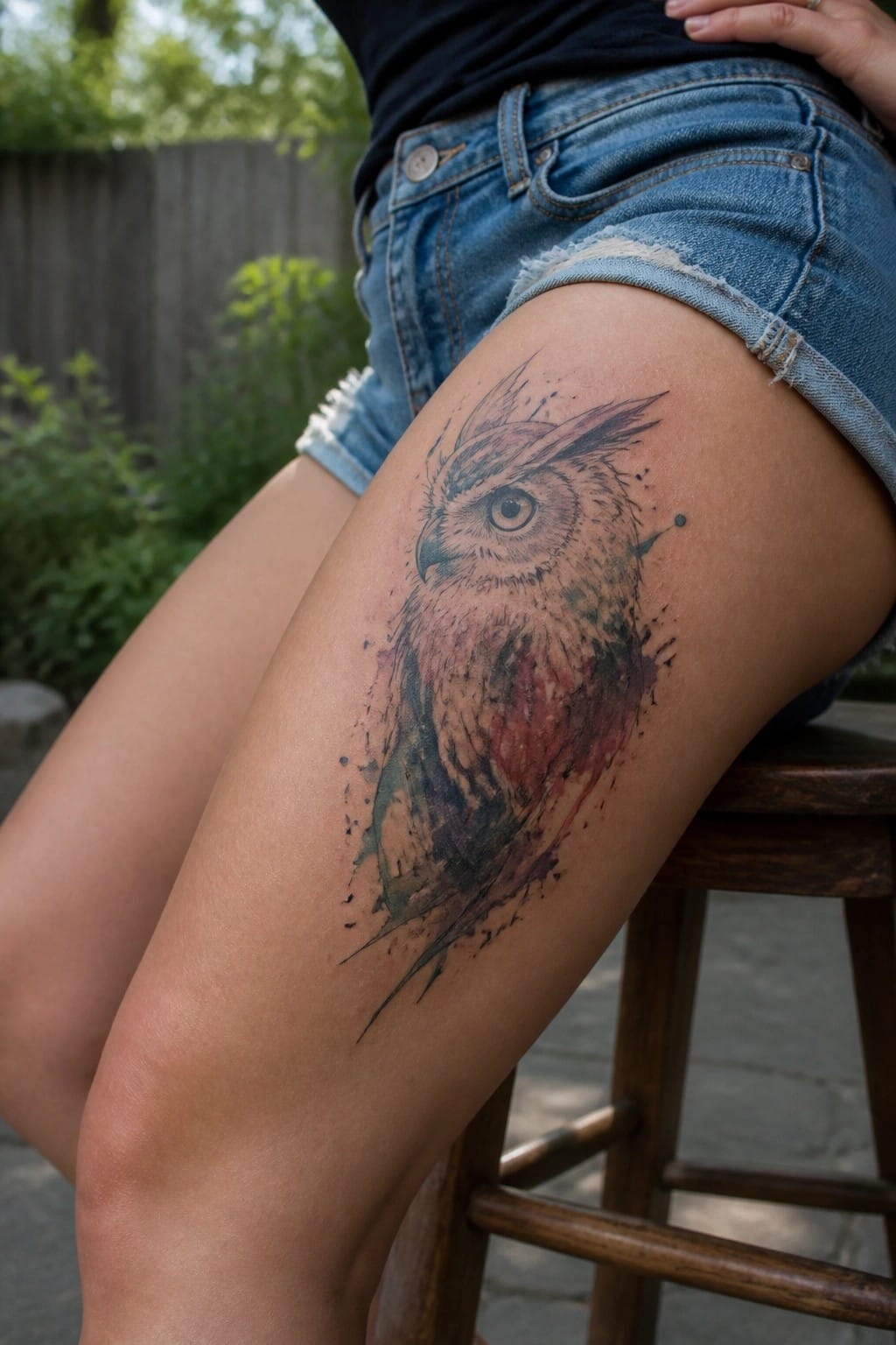 Watercolor owl tattoo on a woman's upper thigh with red and green splashes.