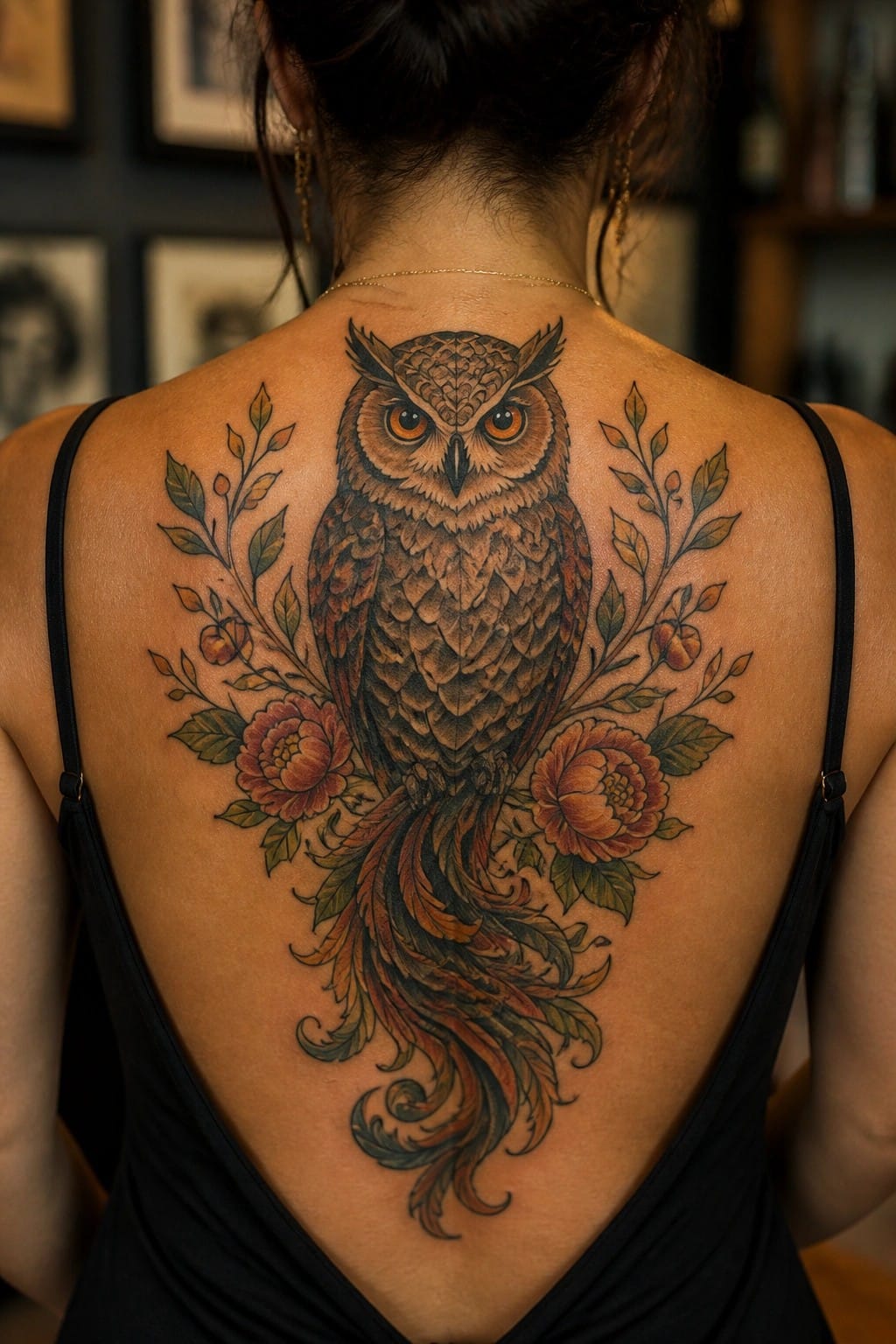 Woman's back with large owl tattoo amid flowers on black top