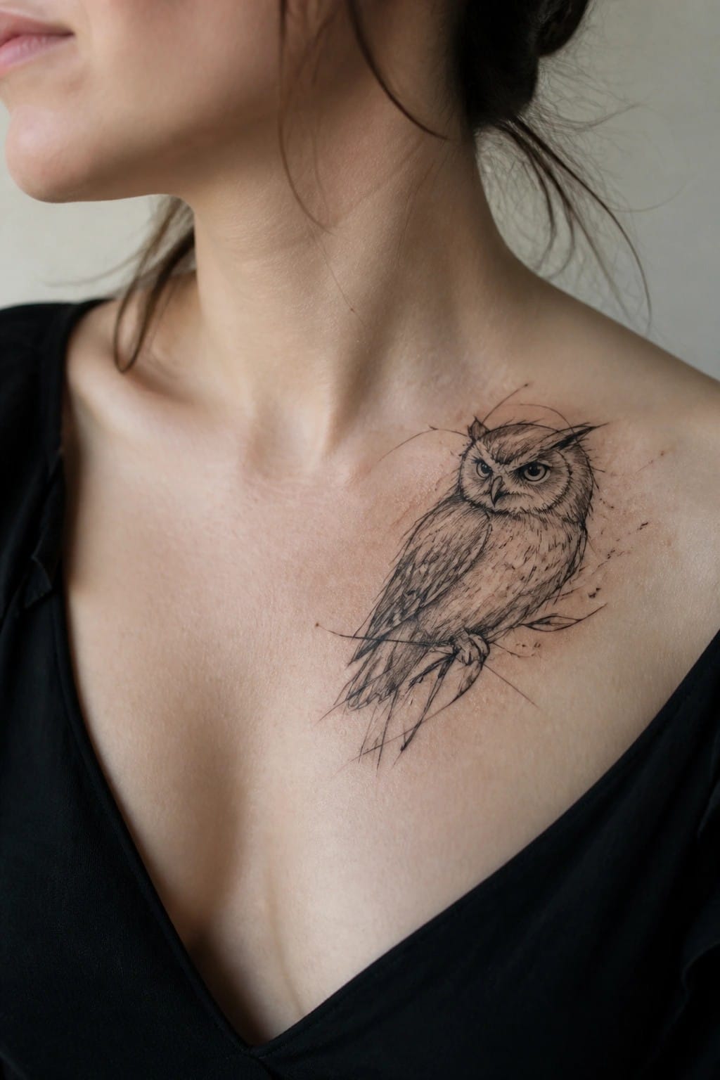 Fine line black and grey owl tattoo on a woman's upper chest, perched on a branch with visible feather shading and forward facing eyes.