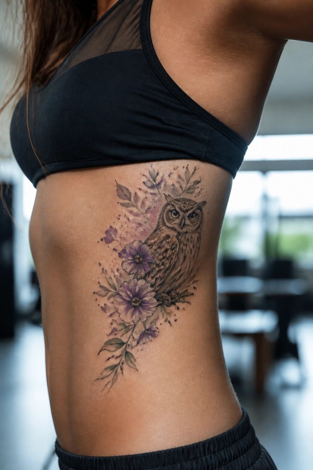 Woman's side with owl tattoo amid purple flowers, wearing black sports bra.