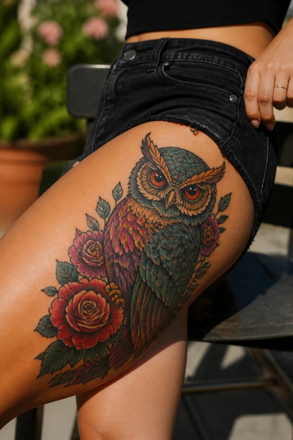 Vibrant owl tattoo with roses on thigh beneath black denim shorts.