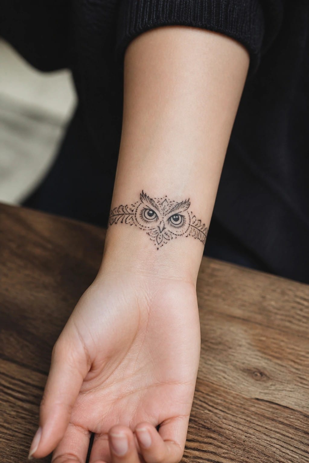 Intricate black owl tattoo on wrist, black sleeve above wooden surface