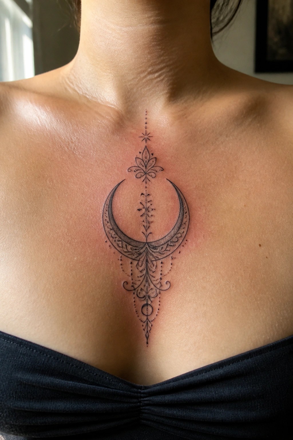 Black and grey crescent moon tattoo with central floral and dotted details placed on a woman's upper chest.