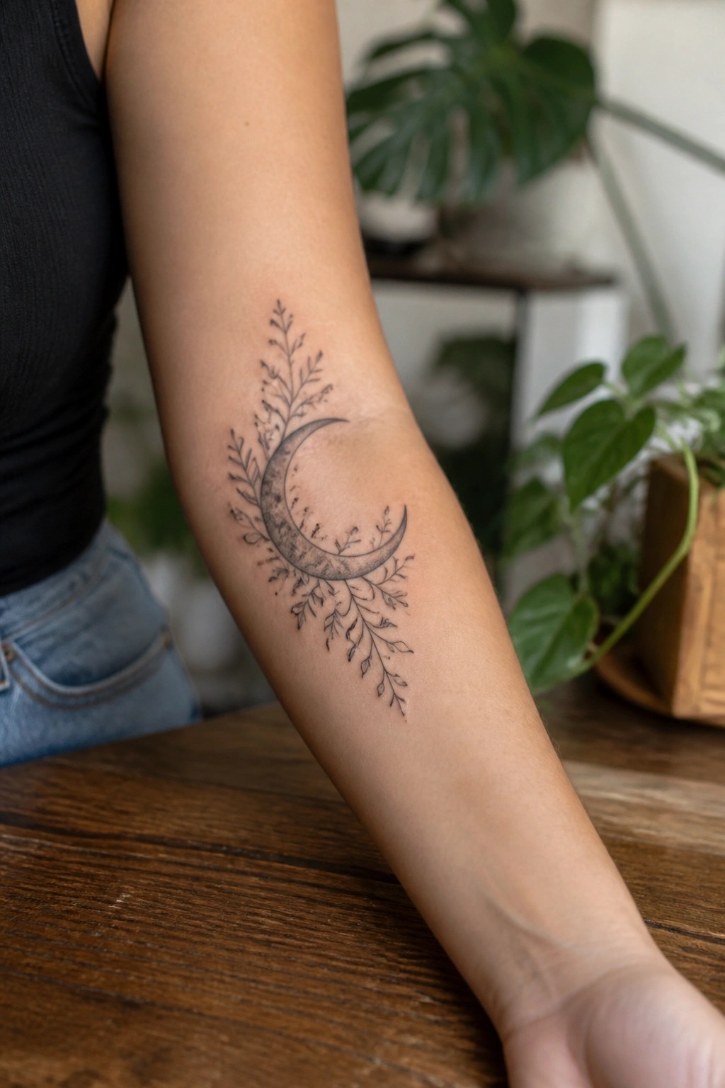 Crescent moon floral tattoo on forearm of person in black tank top and jeans