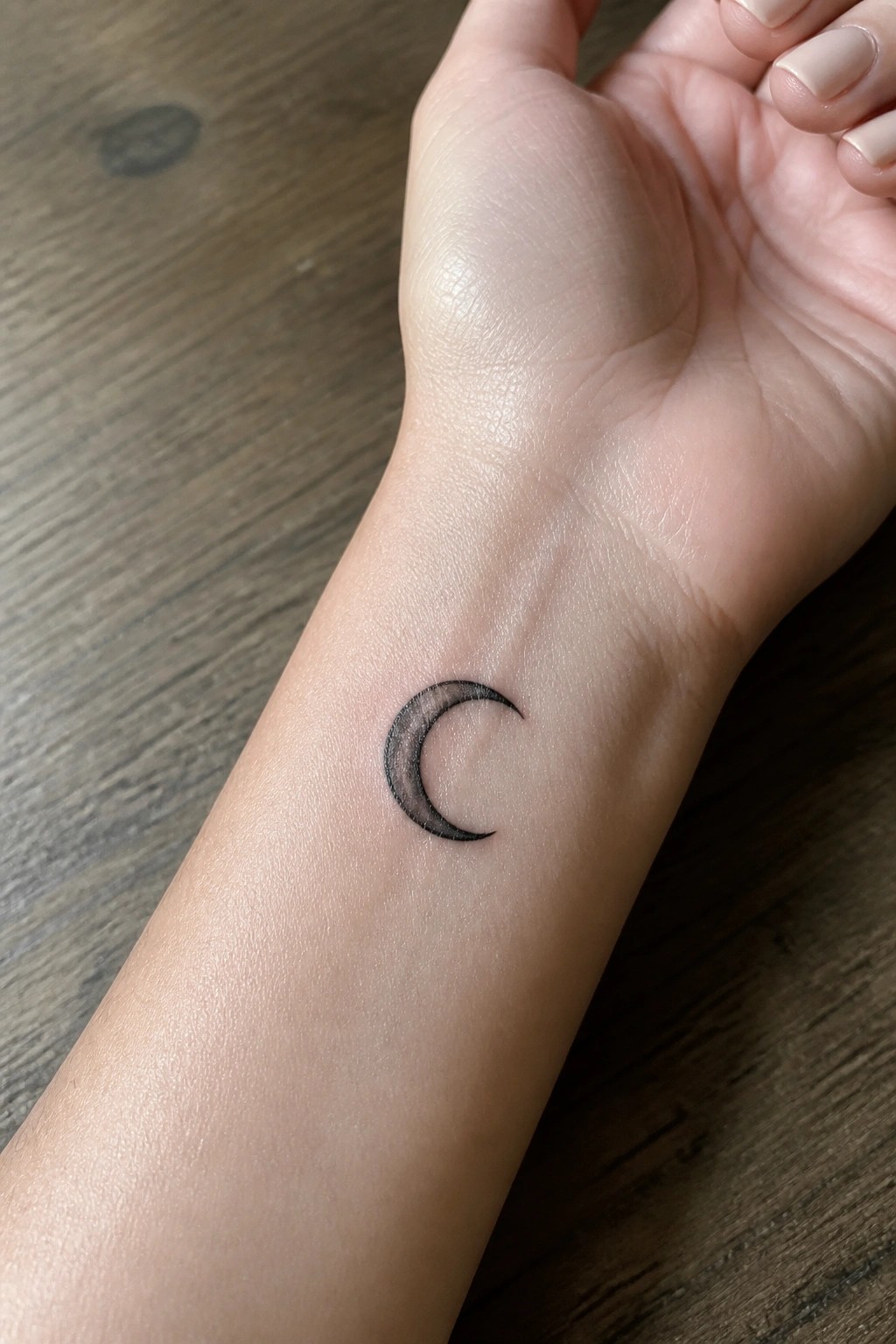 Black crescent moon tattoo on inner wrist over wooden surface