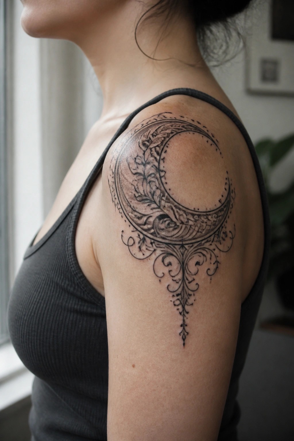 Woman's shoulder with ornate crescent moon tattoo above gray tank top.