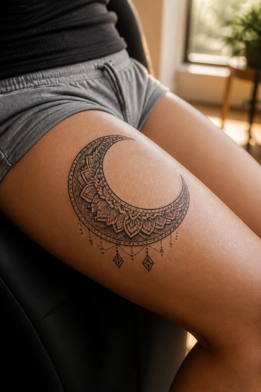 Crescent moon mandala tattoo on thigh with gray shorts and black top