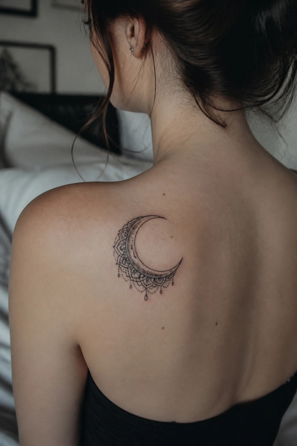 Woman's upper back with crescent moon mandala tattoo in bedroom setting