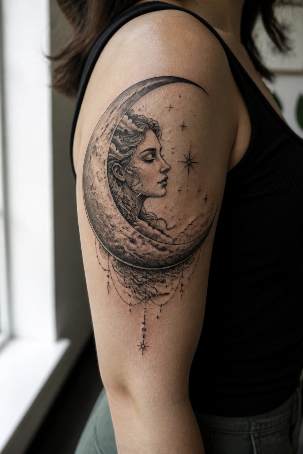 Black-and-gray crescent moon tattoo with woman's profile on shoulder