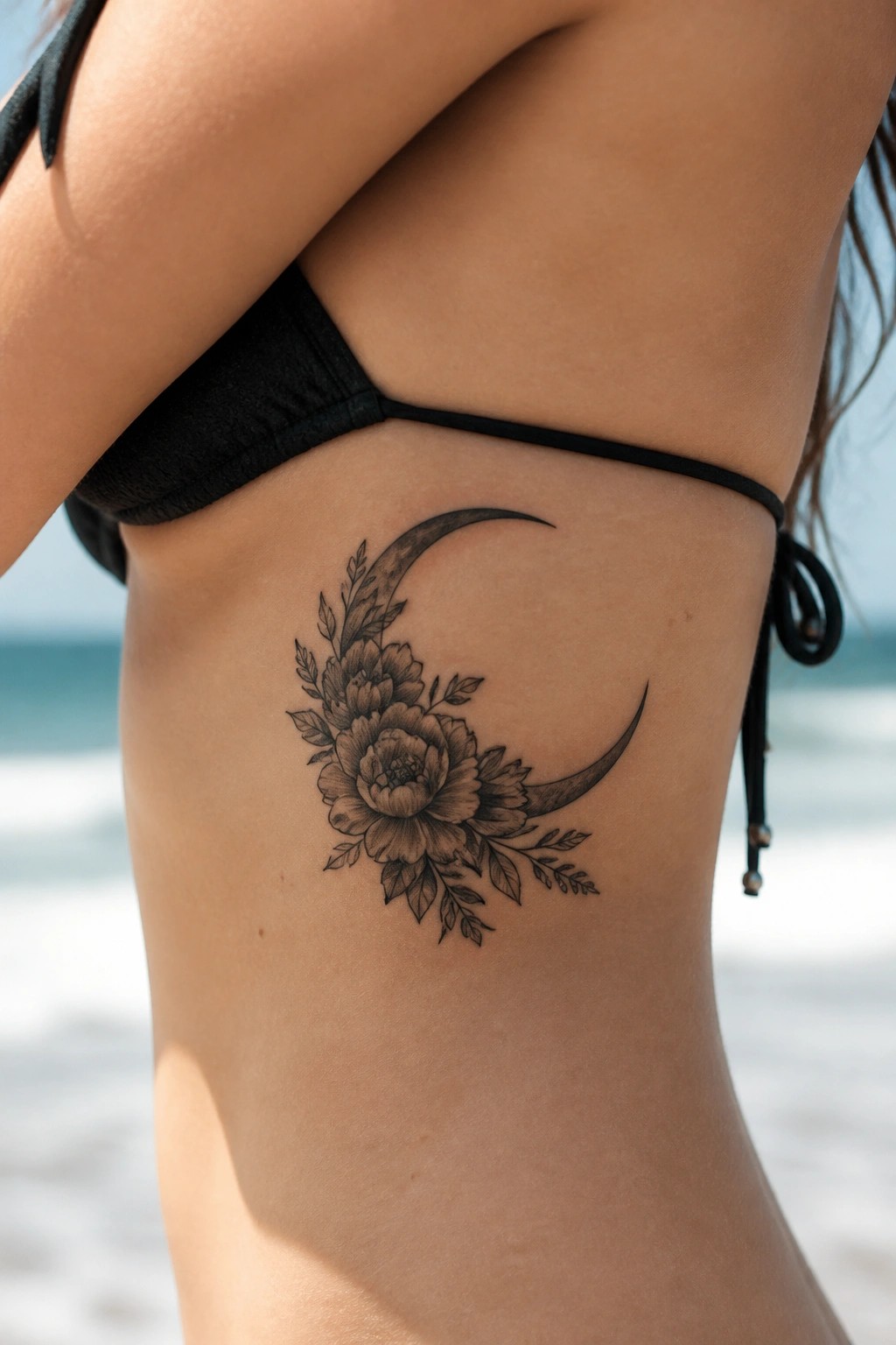 Black bikini and floral crescent moon tattoo on tanned skin by ocean