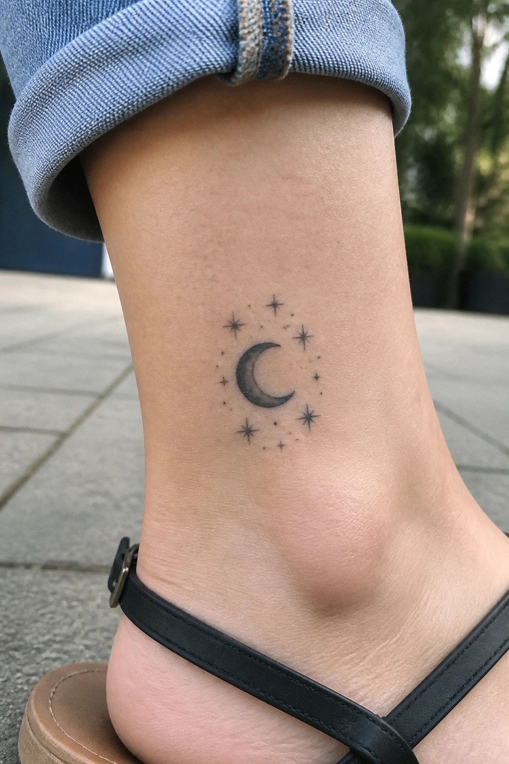 Small black and grey crescent moon tattoo with stars on the ankle.