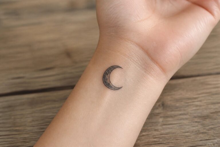 25 Black and Grey Moon Tattoo Designs for Women With Classic Contrast Black crescent moon tattoo on inner wrist over wooden surface