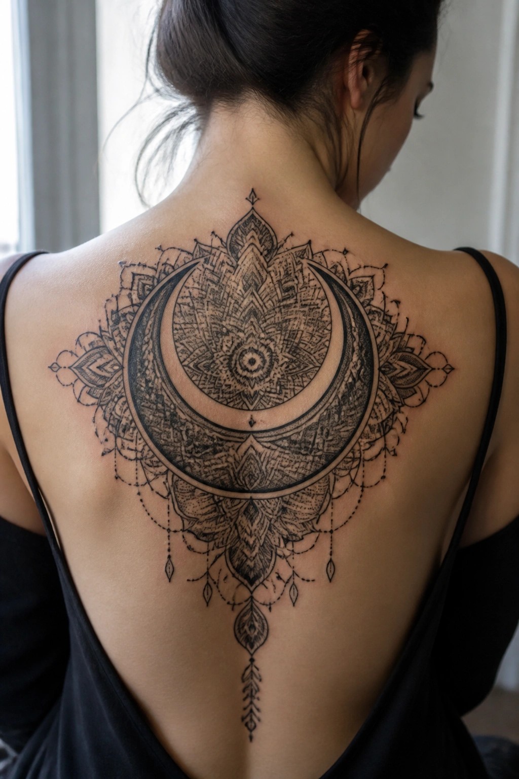 Intricate crescent moon mandala tattoo on woman's upper back in black top.