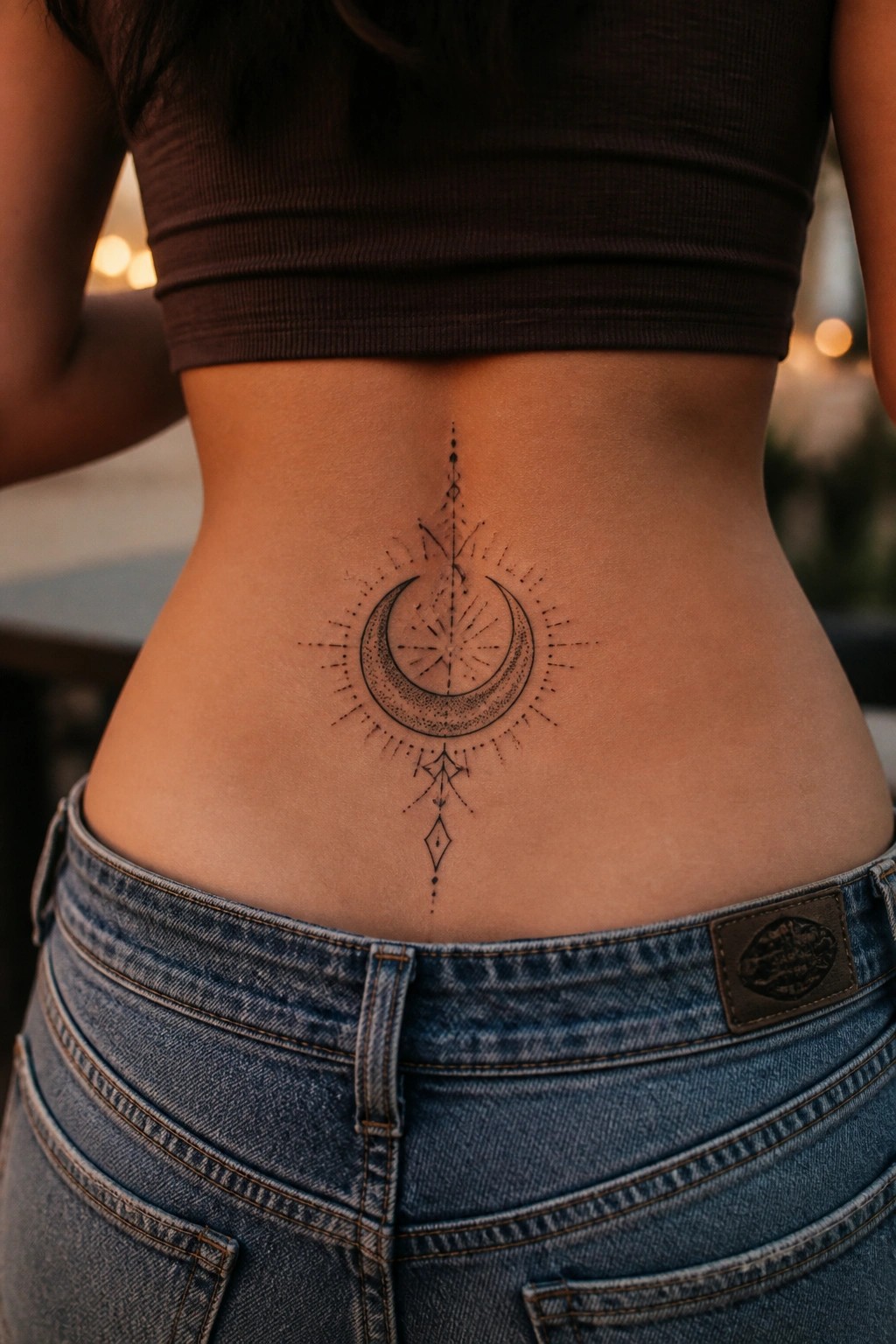 Black and grey crescent moon tattoo with dotwork and geometric accents placed on the lower back.