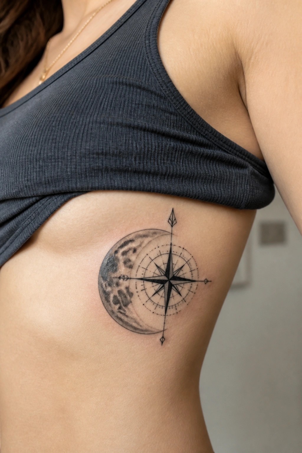 Black and grey crescent moon tattoo with an overlaid compass rose on the upper ribs.