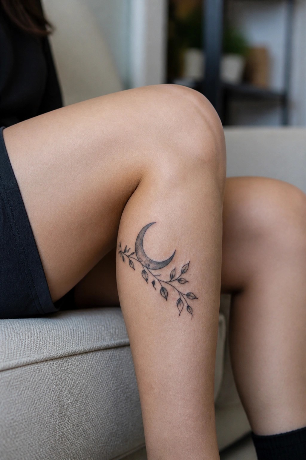 Crescent moon and leafy branch tattoo on thigh in black shorts