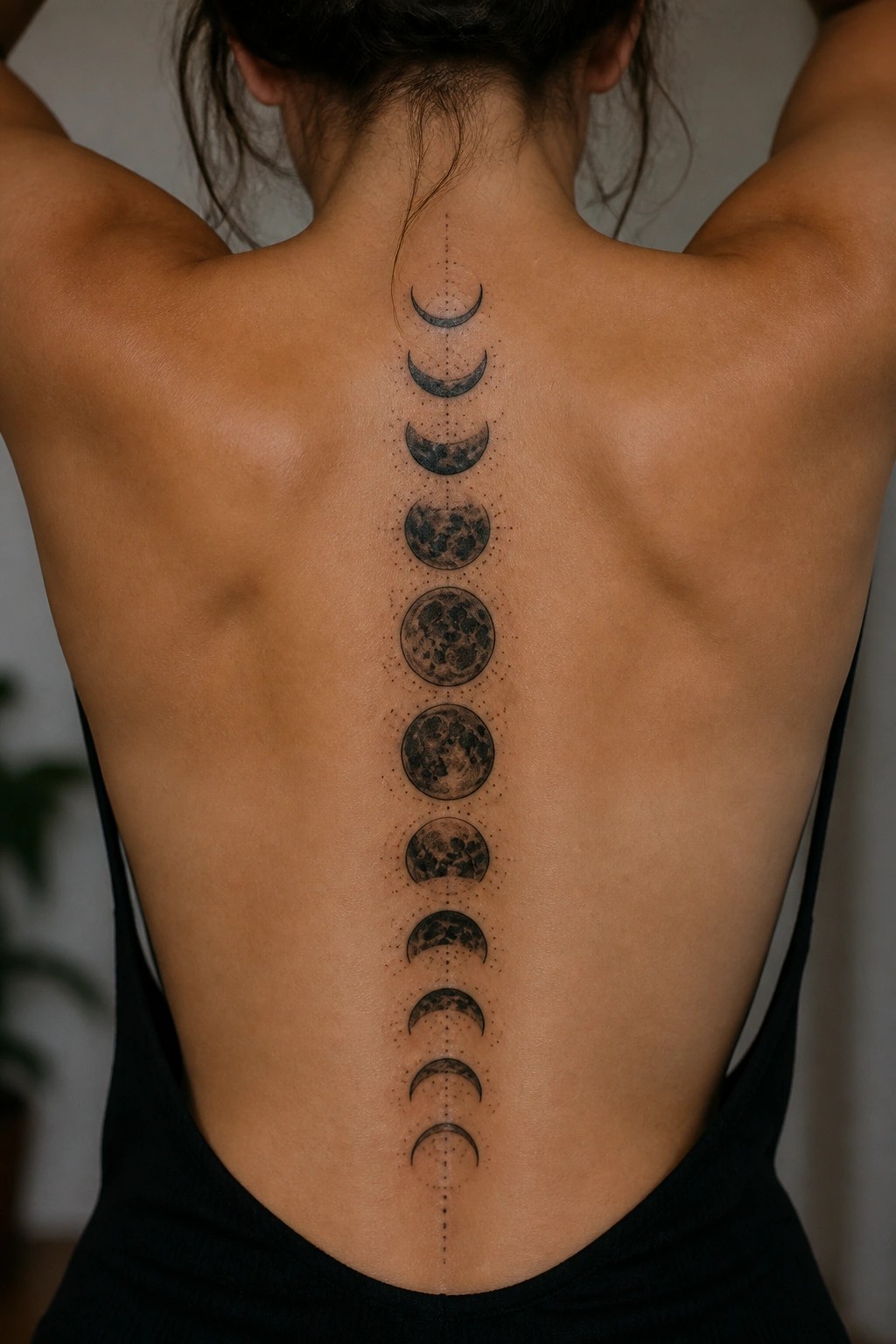 Woman's back with moon phases tattoo along spine, arms raised in black top