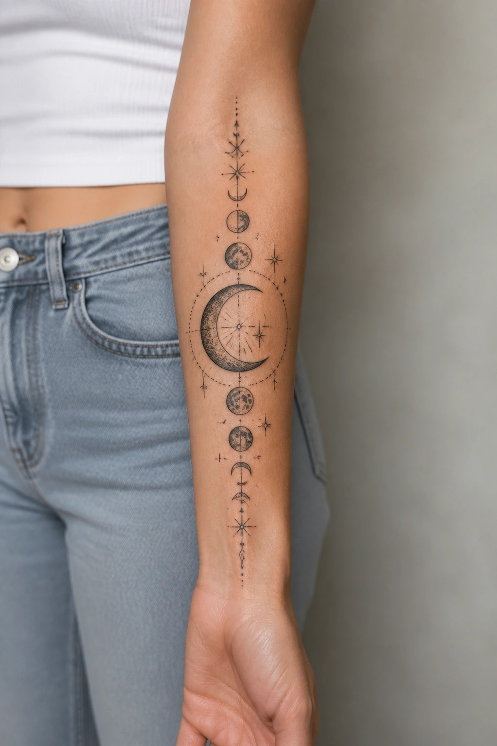 Celestial moon phases and stars tattoo on forearm with white top and jeans.