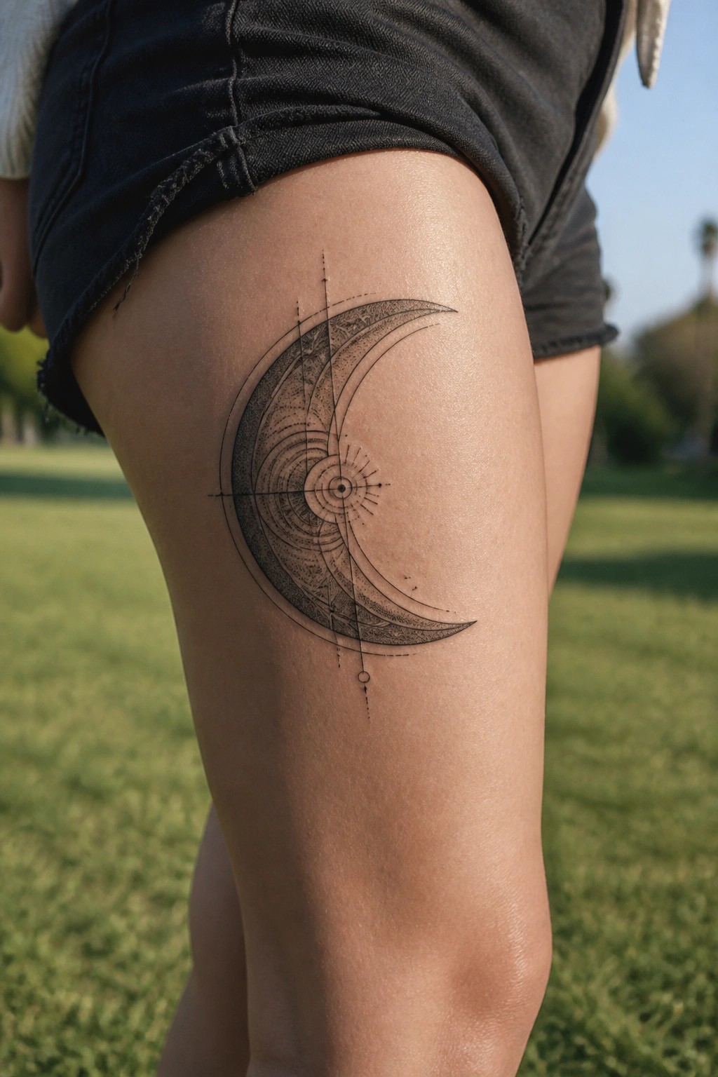 Black and grey crescent moon tattoo with spiral geometric patterns on a woman's upper thigh