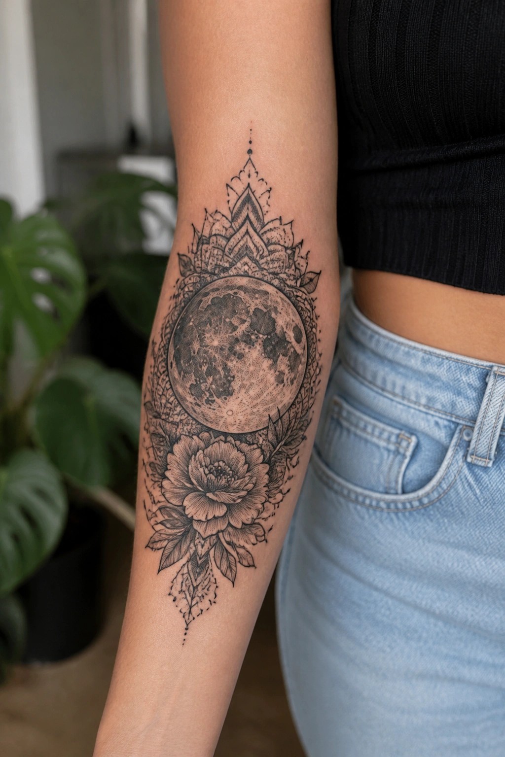 Black and grey moon tattoo with a peony flower and mandala elements on a woman's upper arm
