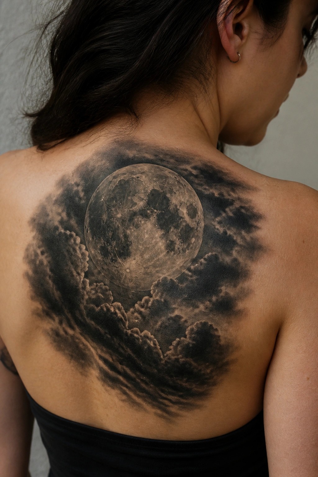 Large moon and clouds tattoo on woman's back above black top