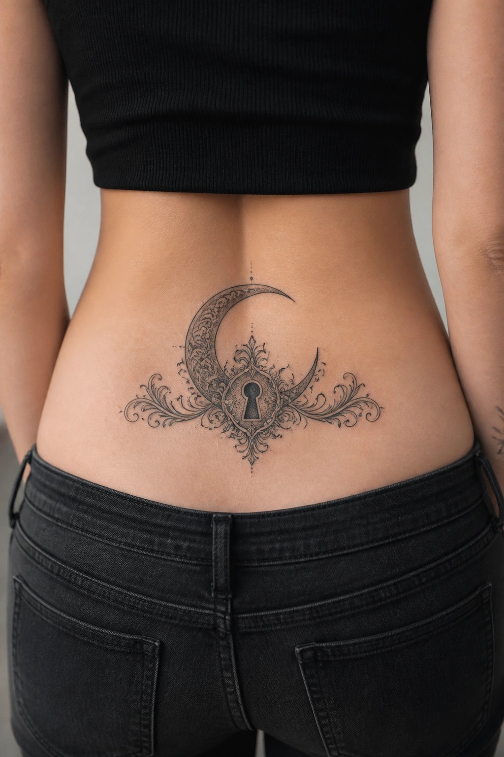Black and grey ornate crescent moon tattoo with keyhole and side flourishes on a woman's lower back above the waistband.