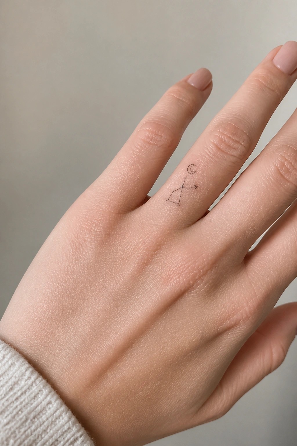 Small black ink constellation tattoo on a woman's ring finger showing a figure reaching toward a star beneath a crescent moon
