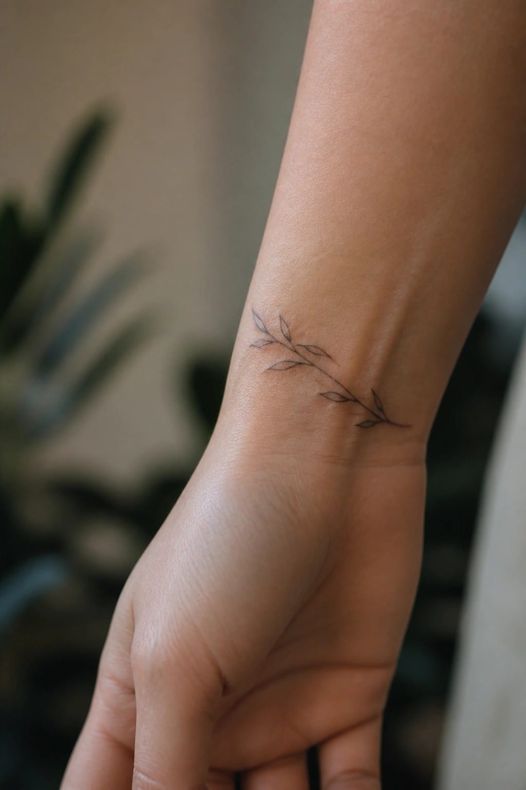Close-up of a wrist with a delicate leafy branch tattoo on light skin.