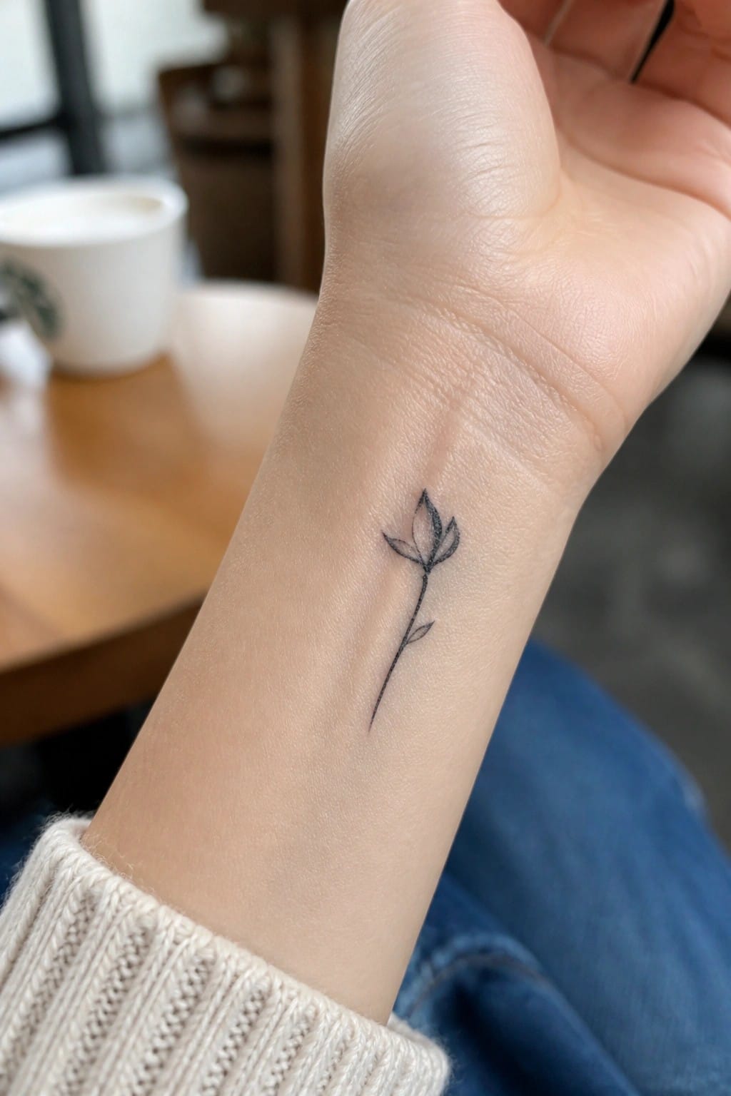 Small black flower tattoo on wrist above cream knit sweater and blue jeans.