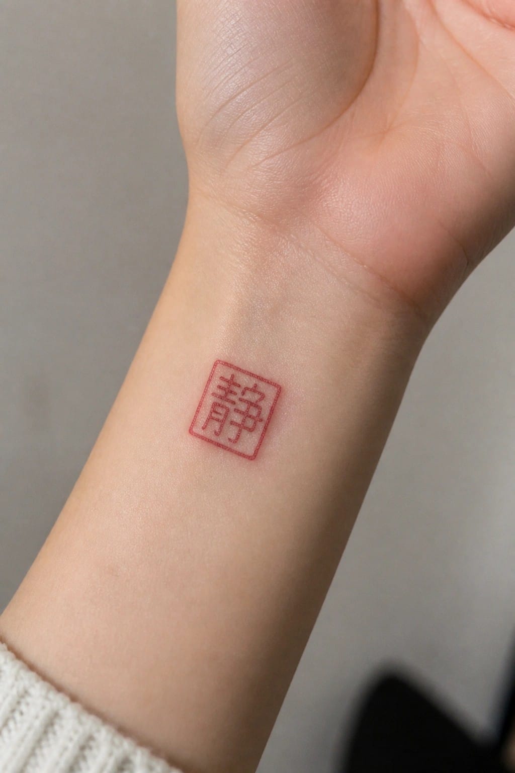 Red square seal tattoo with Chinese characters on inner wrist above white cuff