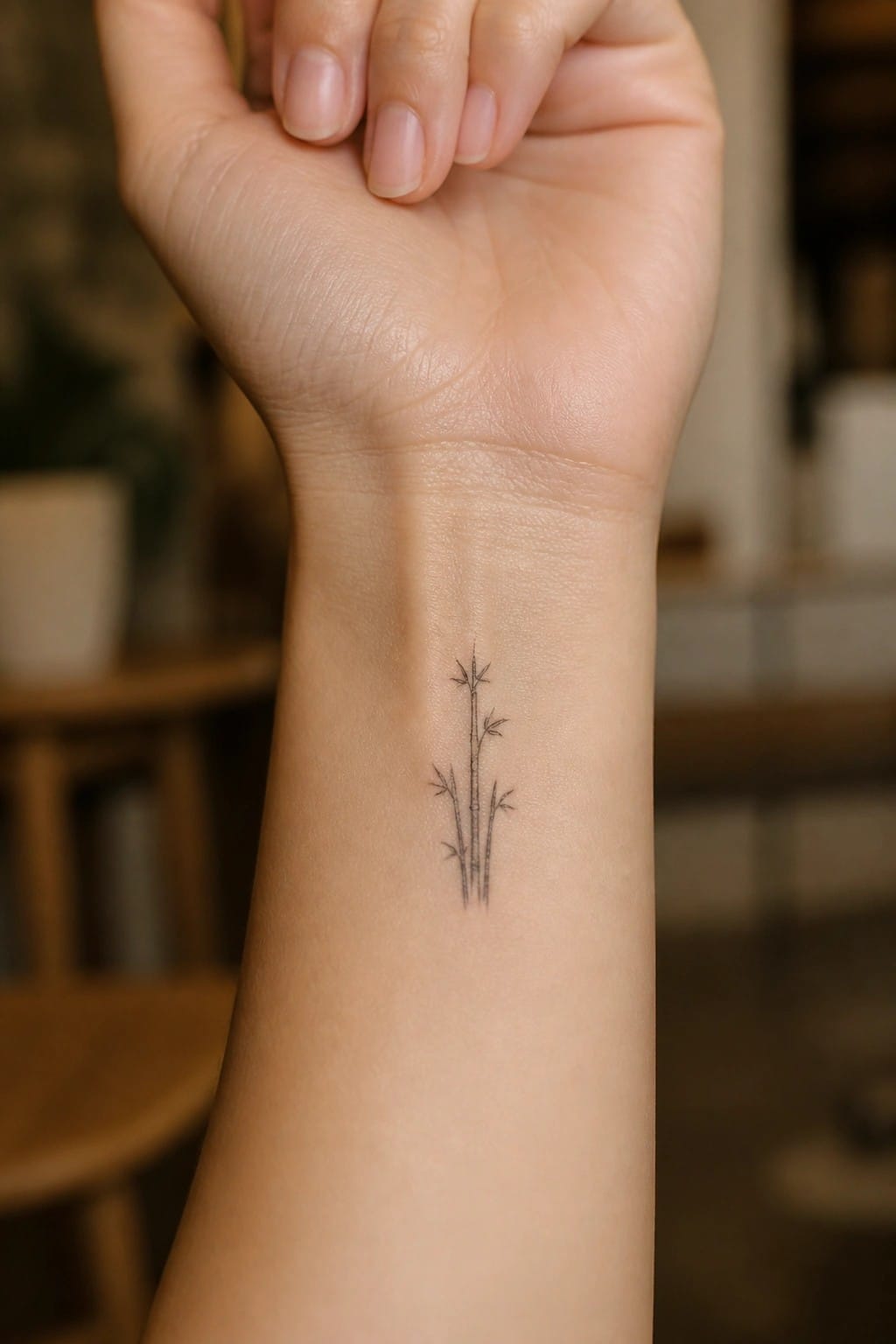Small black bamboo tattoo on light-skinned inner wrist with blurred background.