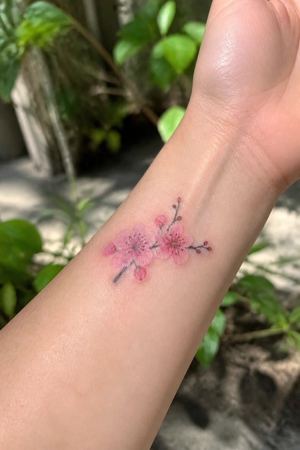 Pink cherry blossom tattoo with branches on a light-skinned wrist