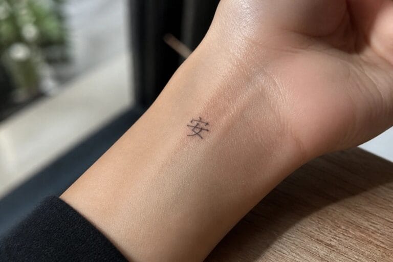 Small black Chinese character tattoo on the inner wrist in fine line style