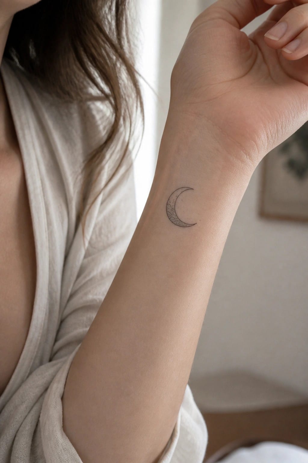 Small crescent moon tattoo with fine line patterns on the inner wrist of a woman wearing a light top.