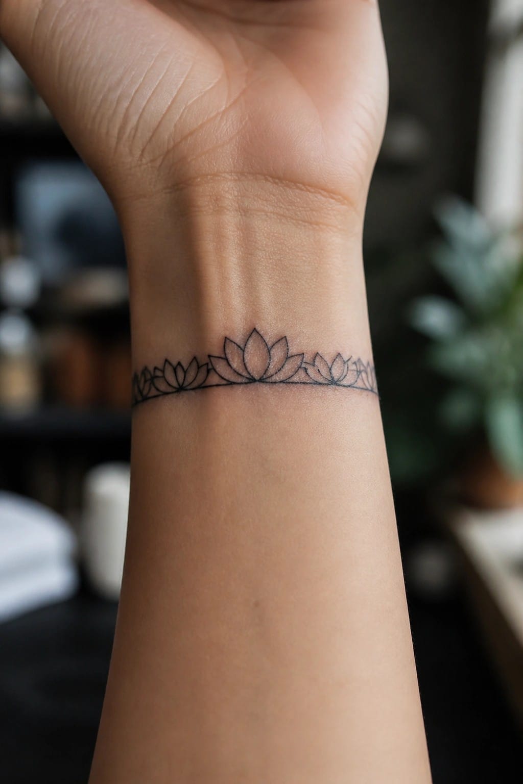 Close-up of wrist with black lotus flower tattoo band on skin.
