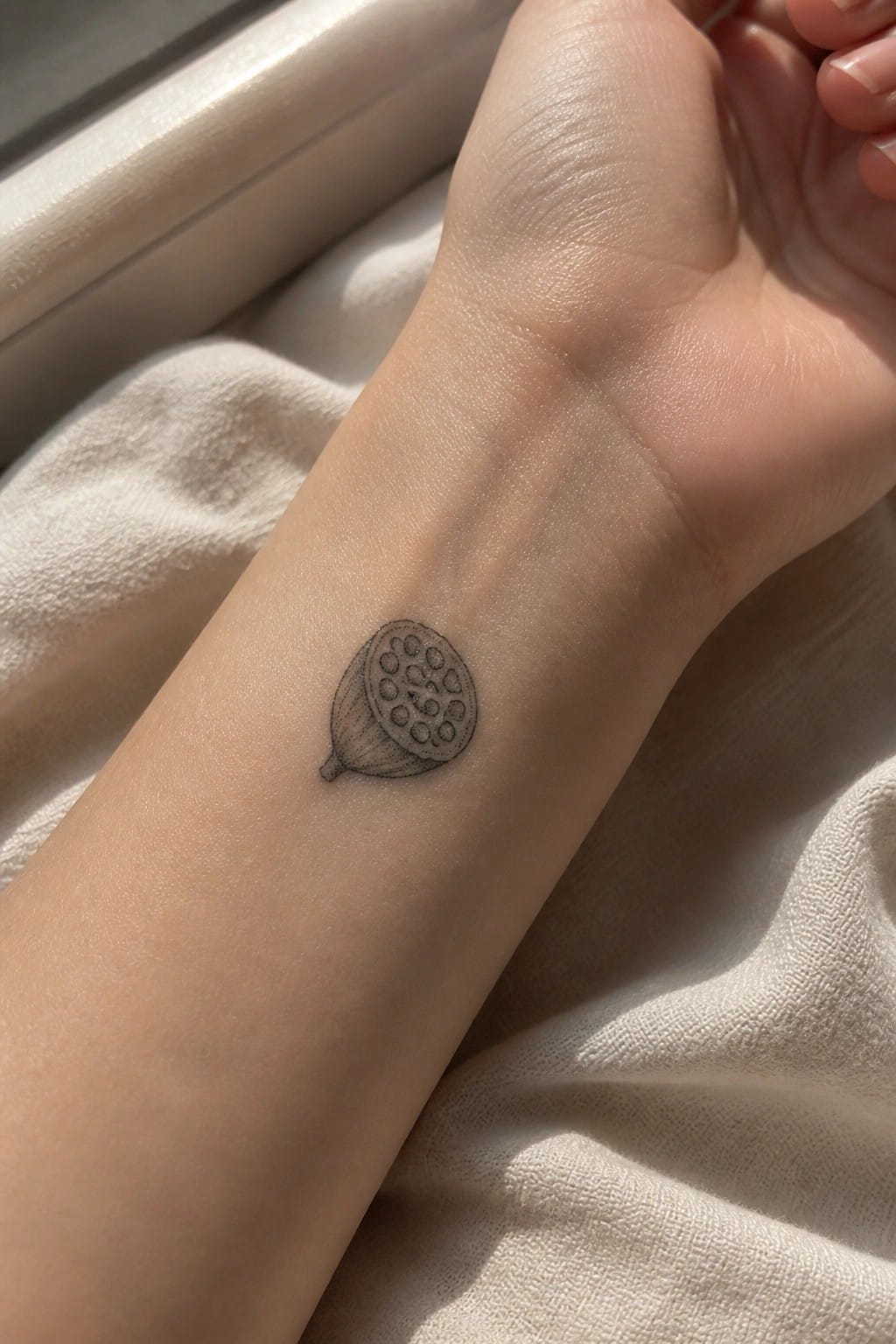 Small black and grey lotus seed pod tattoo on the inner wrist