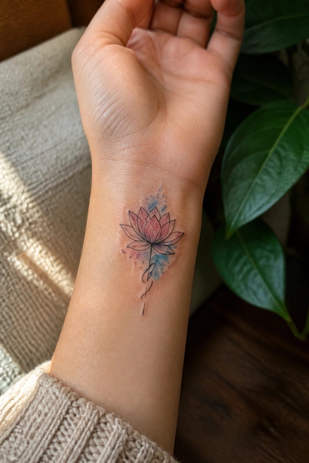 Small lotus flower tattoo on the inner wrist with fine line petals and soft pink and blue watercolor accents.