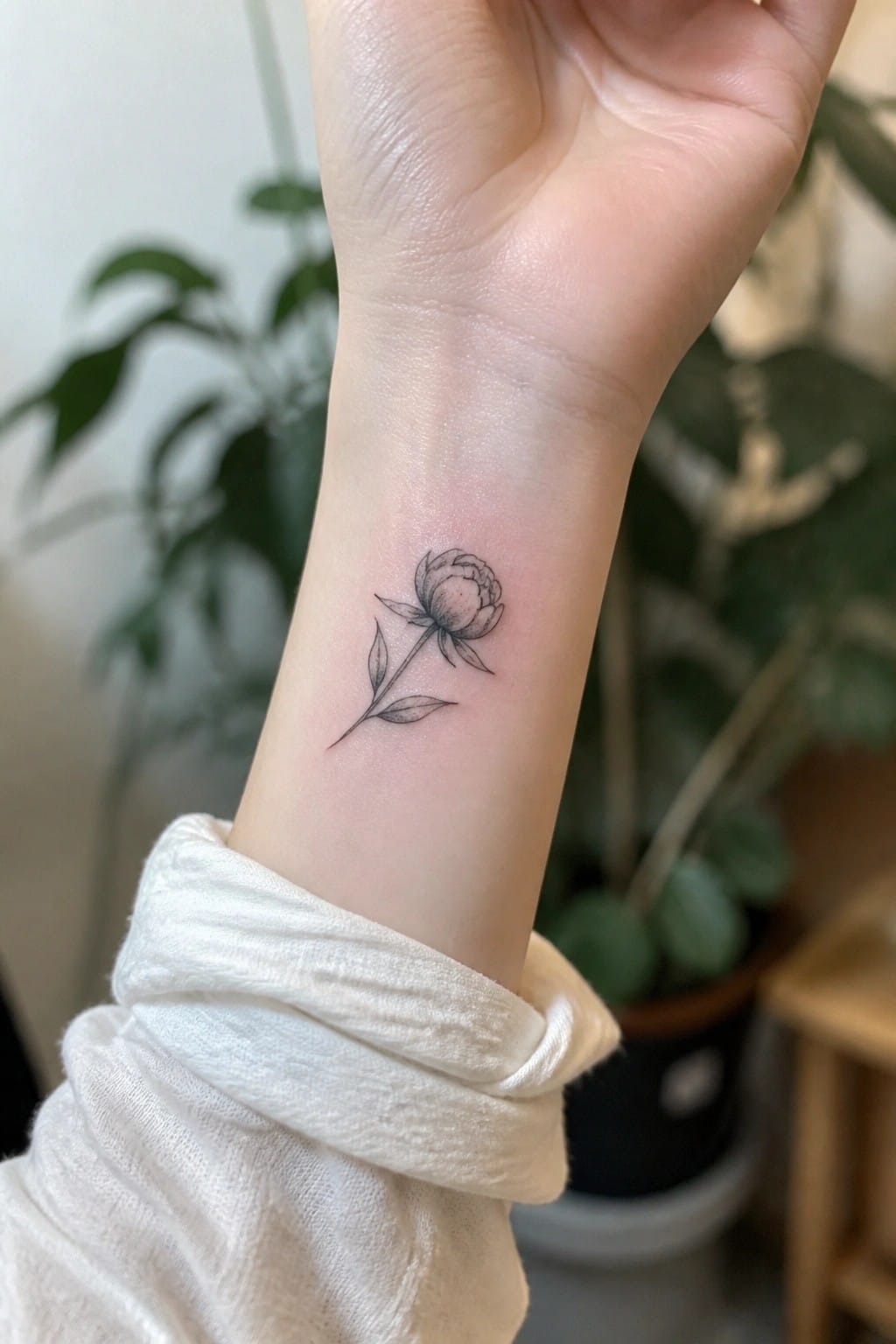 Black line-art flower tattoo on inner wrist above white textured sleeve