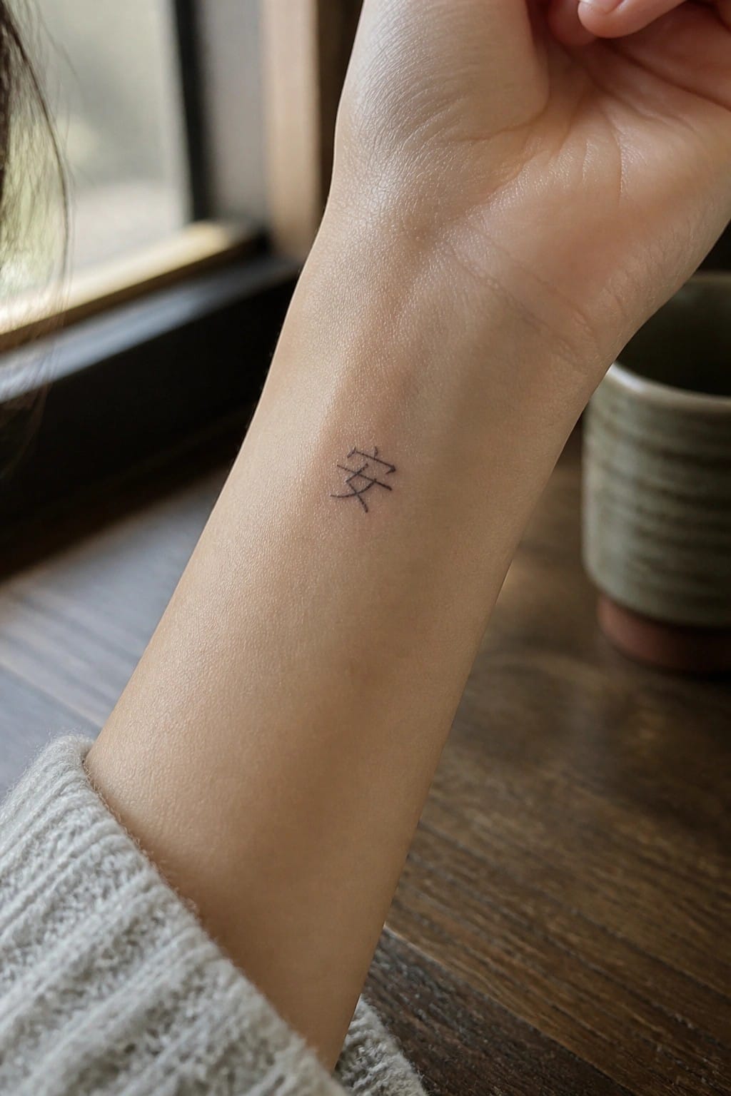 Small black Chinese character tattoo on the inner wrist in fine line style