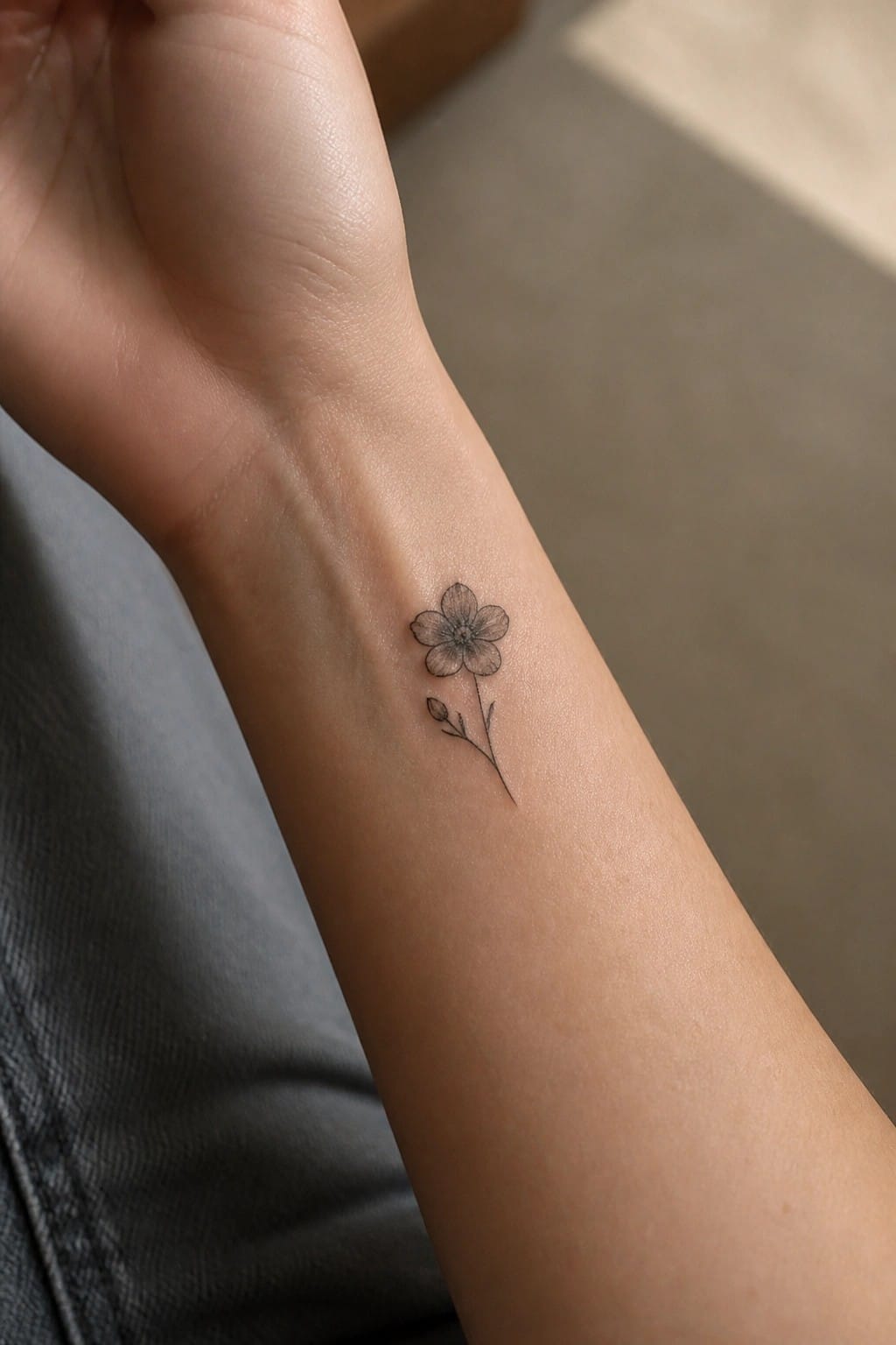 Minimalist black flower tattoo on wrist above blue denim fabric